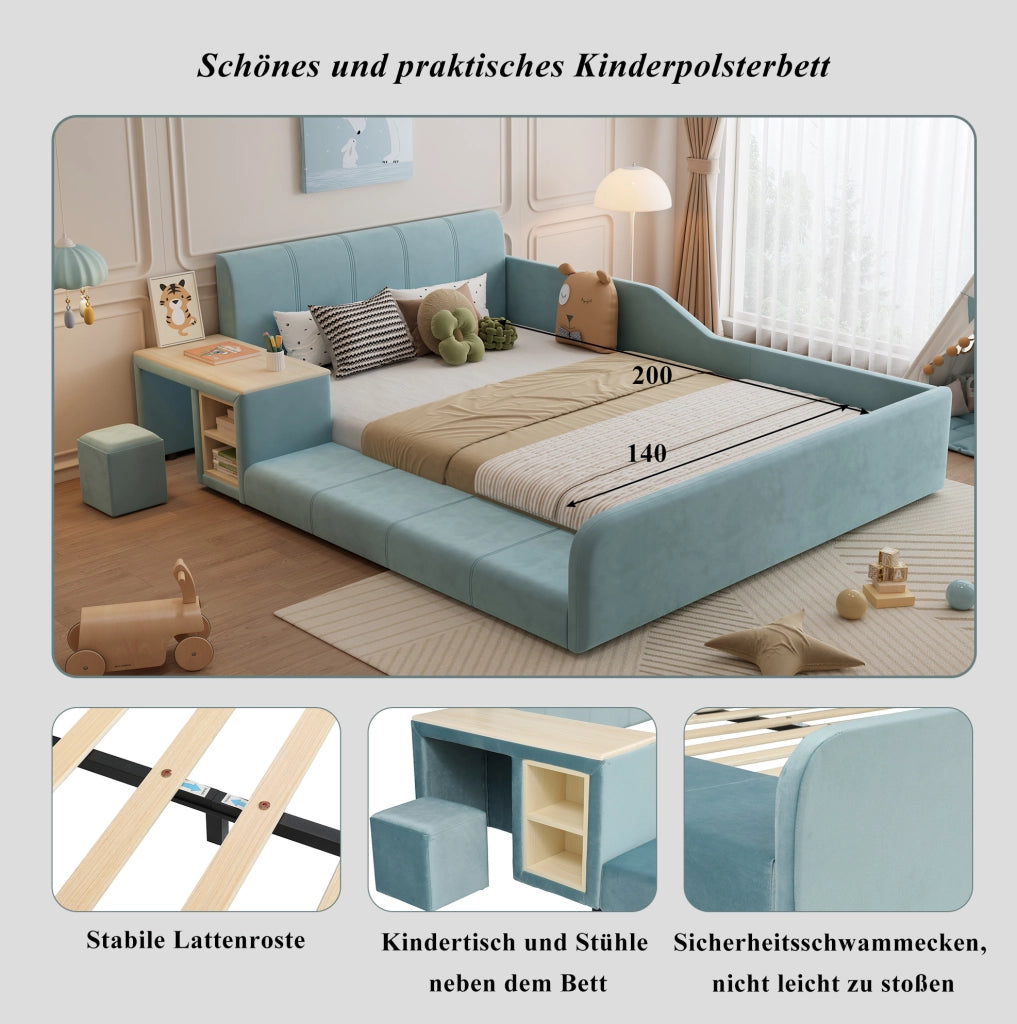 Letto imbottito 140x200 cm con scrivania laterale e sgabello blu