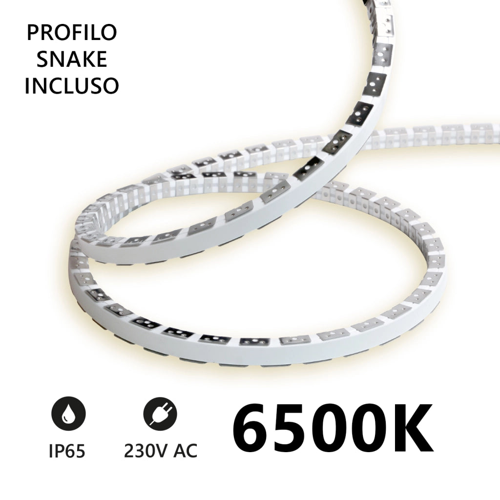 Alcapower Striscia LED Snake Flex 20m 230V 12W/m 6500K IP65 - Bobina professionale flessibile ad alta luminosità con tecnologia SMD 2835