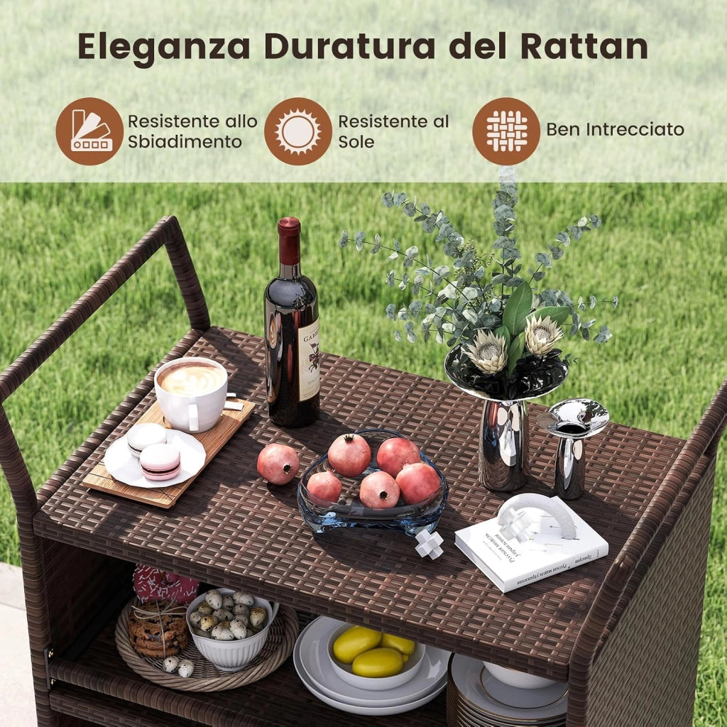 Carrello da Bar da Esterno, Mensola di Stoccaggio in Vimini con 3 Livelli Ruote e Maniglie Laterali, Tavolino da Servizio per Giardino Bordo Piscina Veranda, 86 x 50 x 89 cm