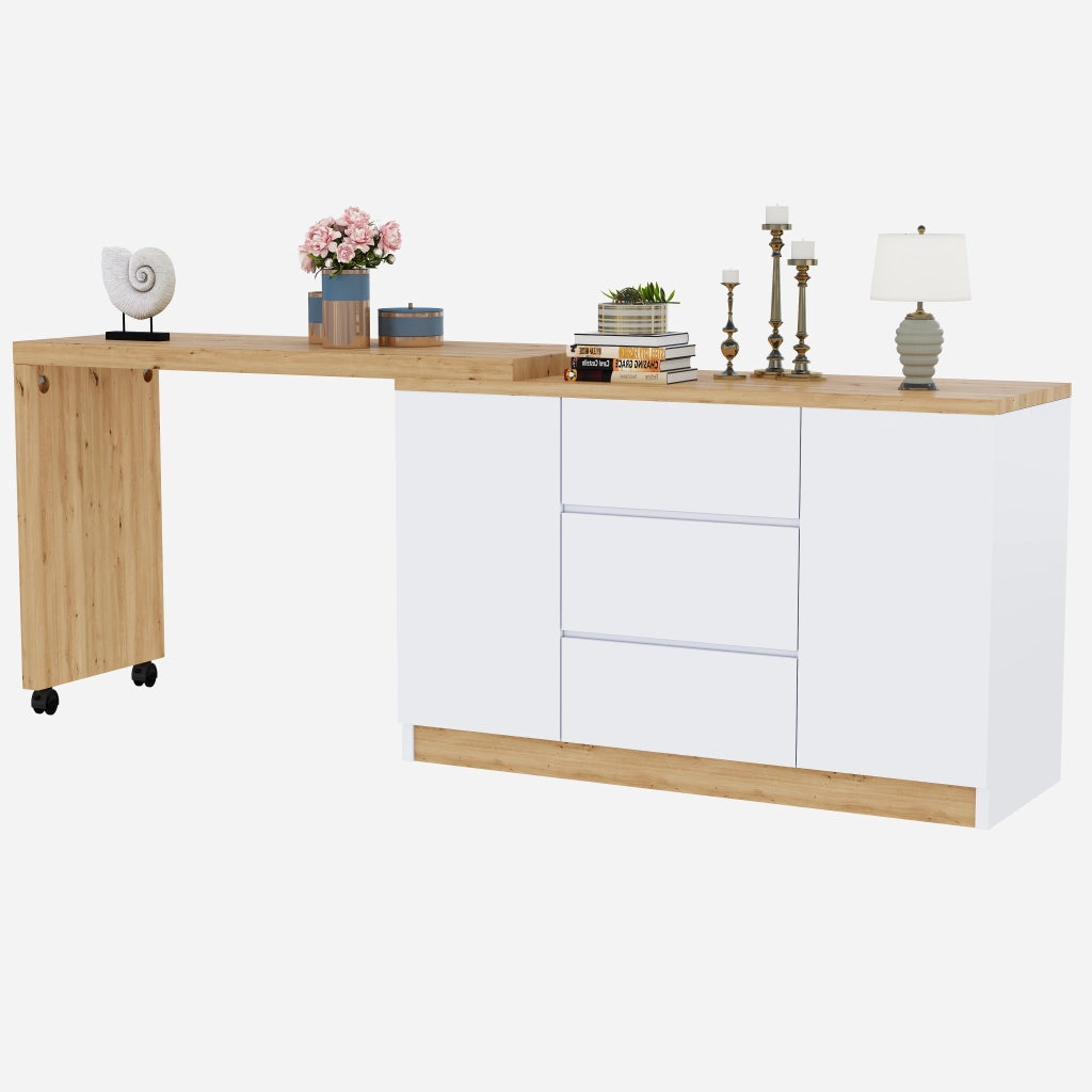Scrivania pieghevole con 2 ante, 3 cassetti e ruote con freno, in truciolato bianco rovere, 120 × 50 × 76,5 cm
