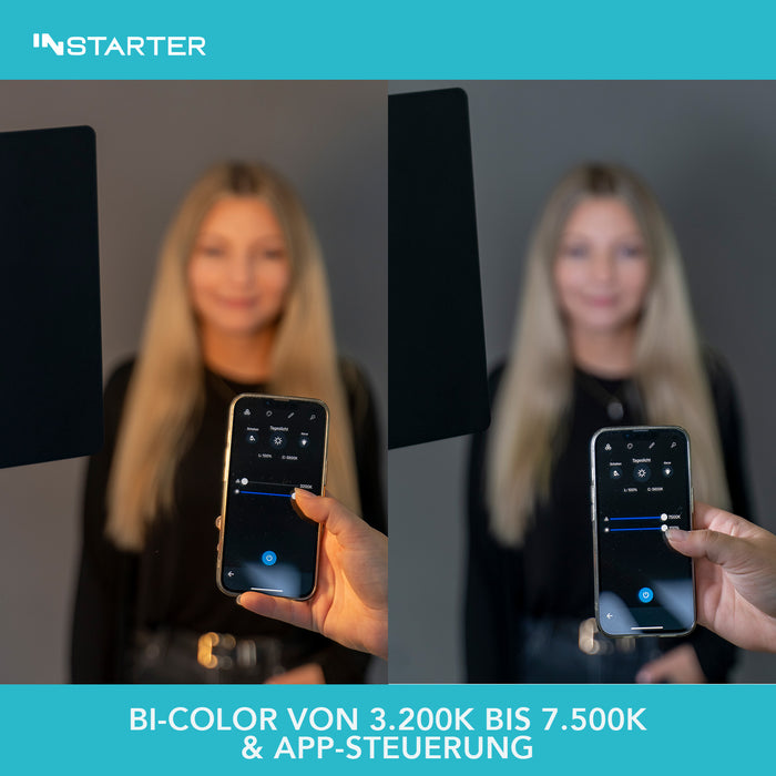 Instarter LED video light, controllo tramite app per vlogger e influencer I Potente 60W come luce streaming e luce fotografica dimmerabile I Ruotabile a 360° I Luce calda e fredda