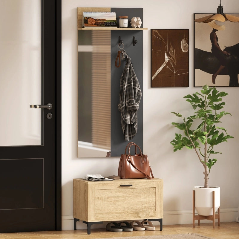 Set guardaroba da ingresso con specchio, panca portascarpe, 3 ganci e ripiano aperto, effetto legno naturale e grigio