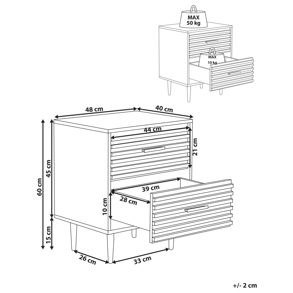 Comodino MDF legno scuro 2 cassetti Tavolino gambe in ferro moderno