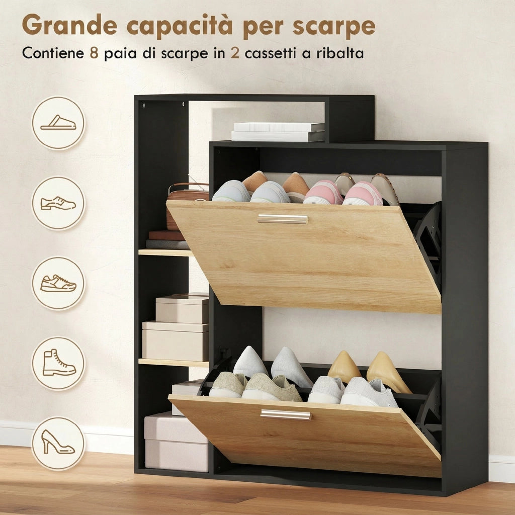 Mobile Portascarpe: 2 Cassetti a Ribalta. Ripiani. Nero e Legno Naturale.
