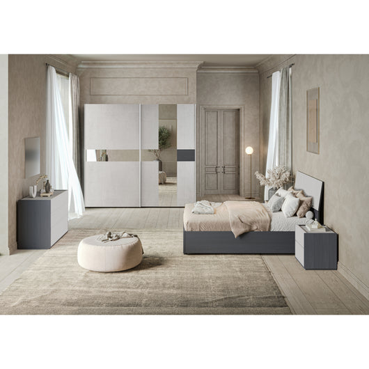 CAMERA DA LETTO LUNA EFFETTO LEGNO GRIGIO SCURO E CEMENTO COMPLETA DI LETTO, COMODINI, COMO' E ARMADIO SCORREVOLE 2 ANTE