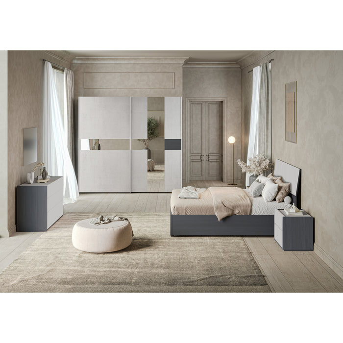 CAMERA DA LETTO LUNA EFFETTO LEGNO GRIGIO SCURO E CEMENTO COMPLETA DI LETTO, COMODINI, COMO' E ARMADIO SCORREVOLE 2 ANTE