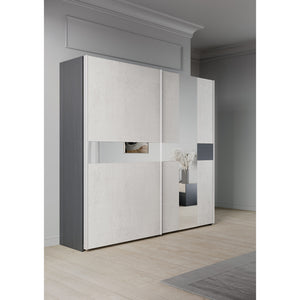 CAMERA DA LETTO LUNA EFFETTO LEGNO GRIGIO SCURO E CEMENTO COMPLETA DI LETTO, COMODINI, COMO' E ARMADIO SCORREVOLE 2 ANTE