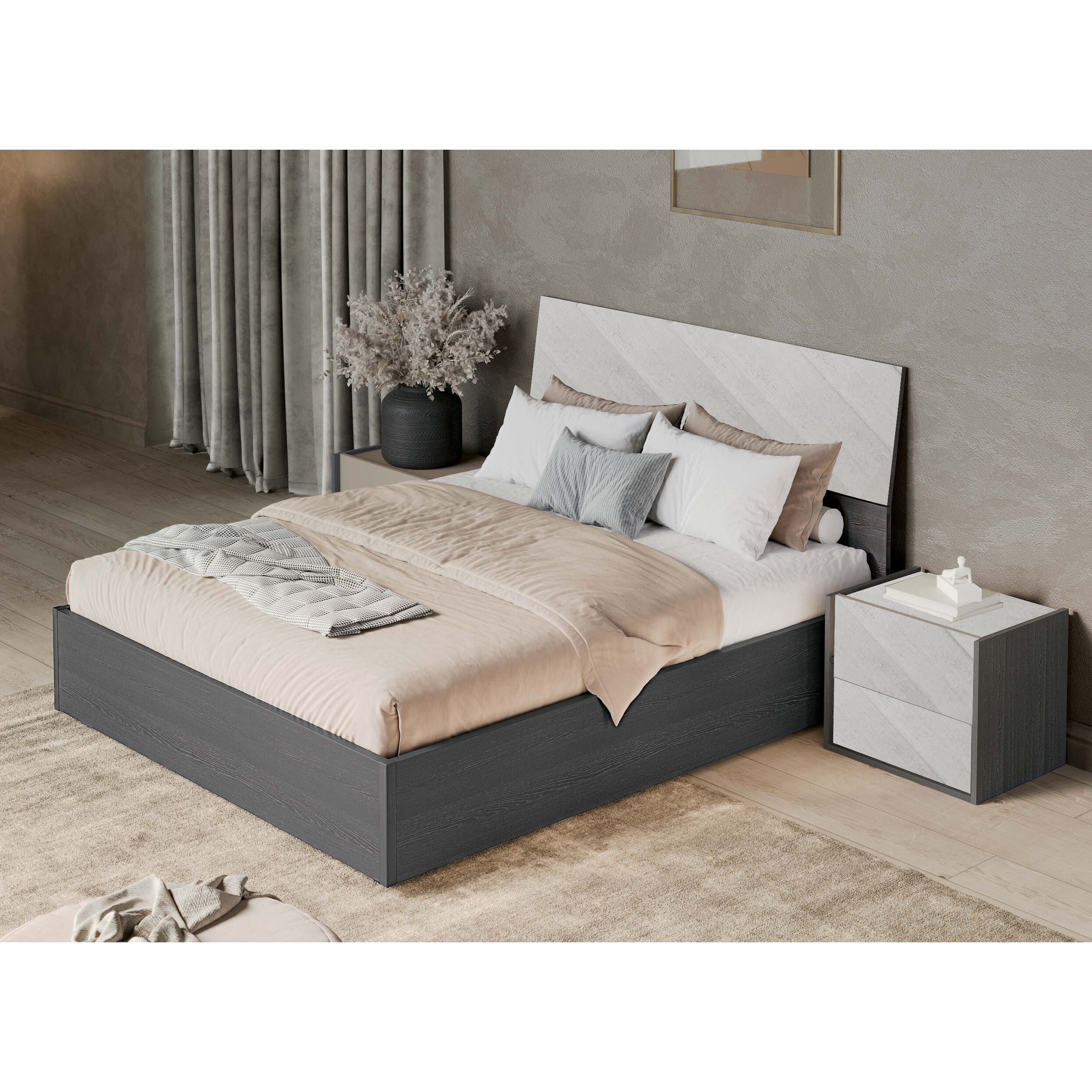 CAMERA DA LETTO LUNA EFFETTO LEGNO GRIGIO SCURO E CEMENTO COMPLETA DI LETTO, COMODINI, COMO' E ARMADIO SCORREVOLE 2 ANTE