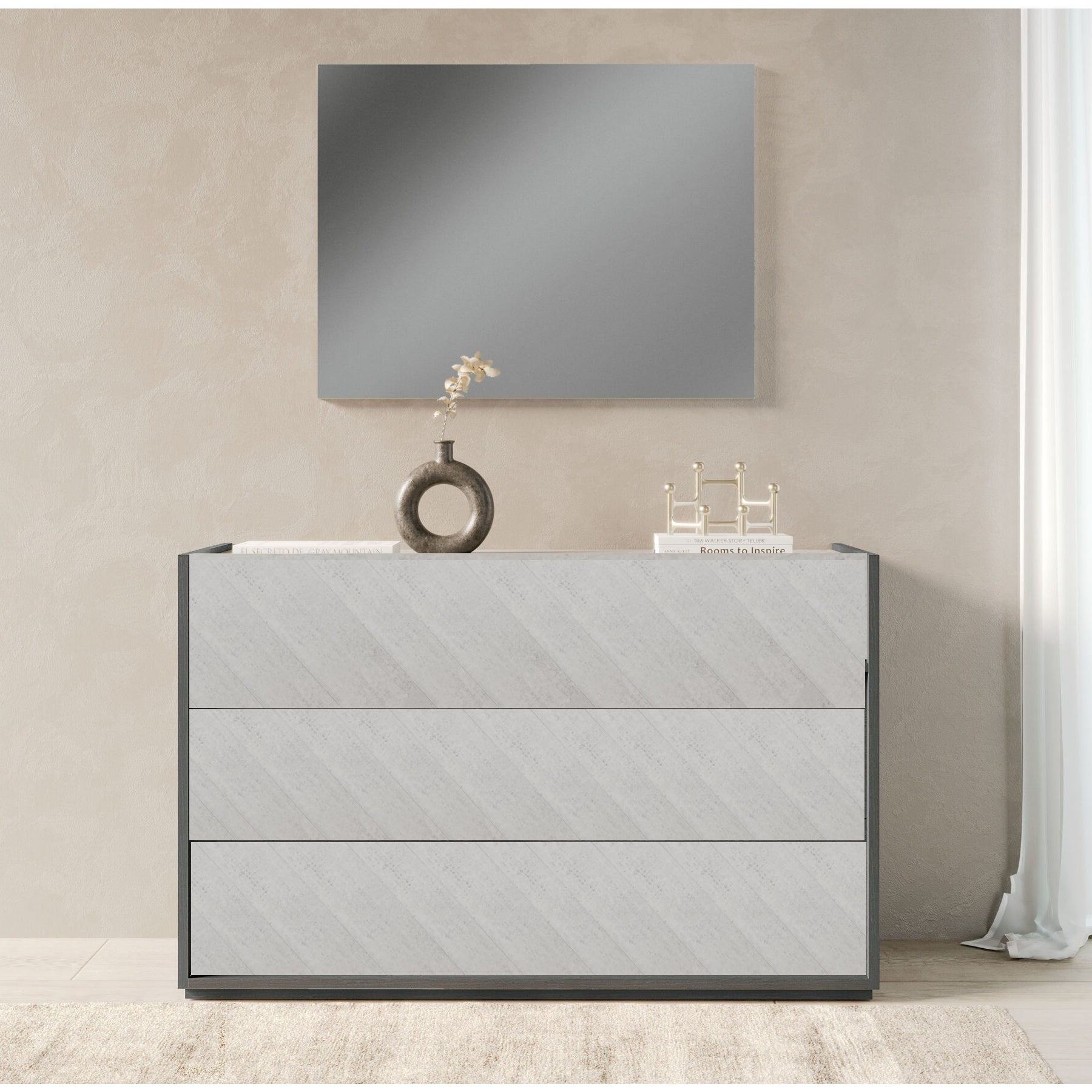 CAMERA DA LETTO LUNA EFFETTO LEGNO GRIGIO SCURO E CEMENTO COMPLETA DI LETTO, COMODINI, COMO' E ARMADIO SCORREVOLE 2 ANTE