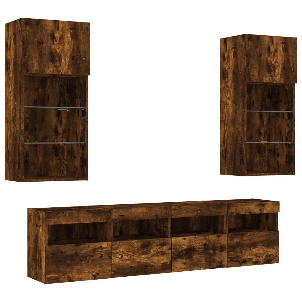 Mobili TV a Muro con LED 5pz Rovere Fumo in Legno Multistratocod mxl 134571