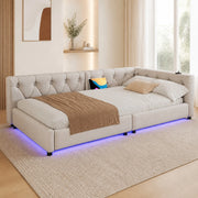 Divano letto con rete a doghe, LED e porte USB-C, Beige