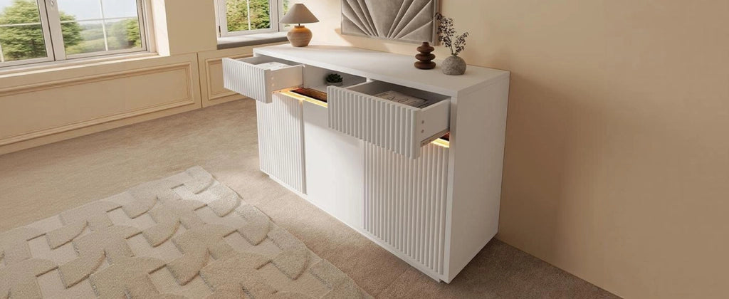 Credenza con LED 2 cassetti 3 ante e ripiani regolabili per soggiorno e ingresso bianca moderna 140 × 40 × 85 cm