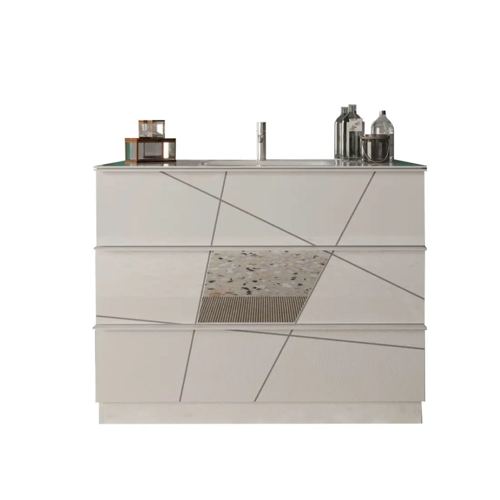 Mobile da bagno con un lavabo e 3 cassetti, collezione VITARIO. Colore bianco lucido.
