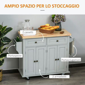 Carrello Isola da Cucina 2 Cassetti e 2 Armadietti Piano in Legno 111x44,5x82,5 cm Grigio