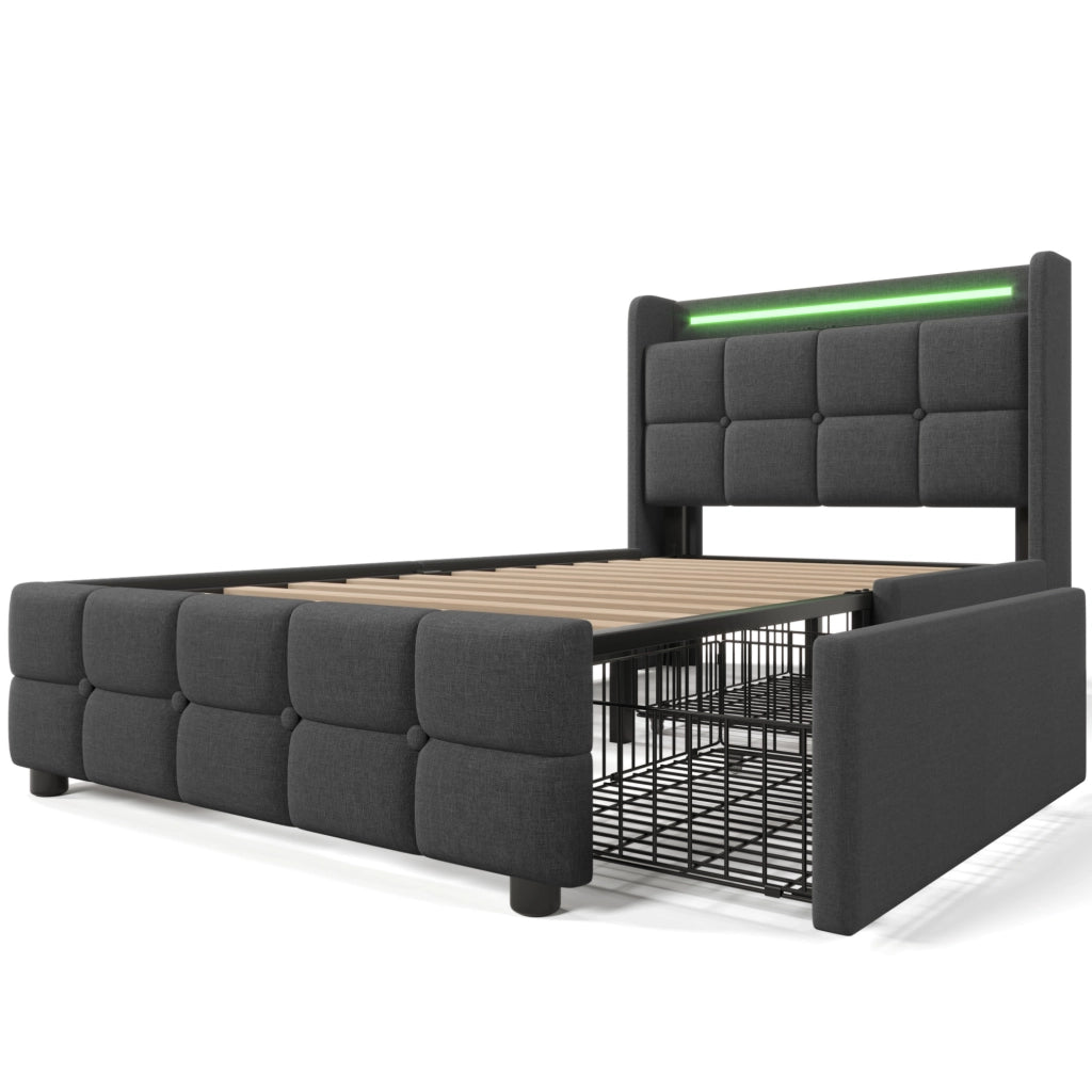 Letto imbottito 90x200 cm con USB; LED e 2 cassetti; grigio