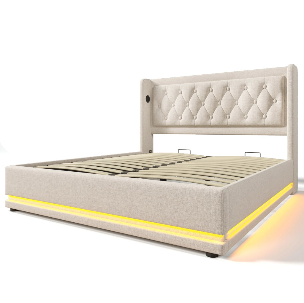 Letto imbottito 160x200 cm beige con LED, USB-C e materasso