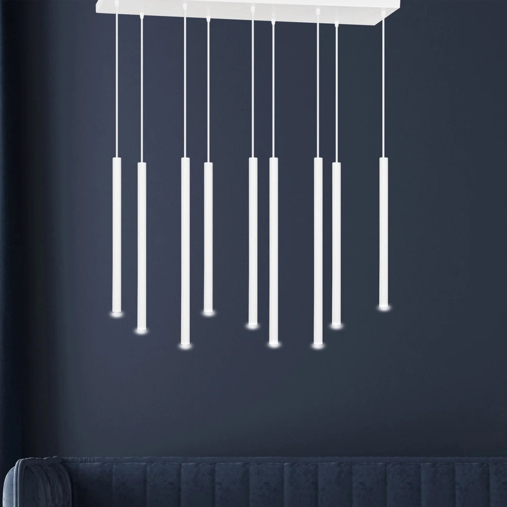 Lampadario 9 Luci Moderno Shu Acciaio Bianco E Paralumi A Cilindri Sottili