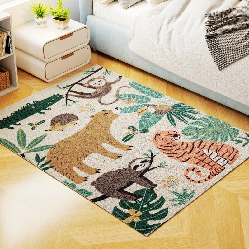 Tappeto in fleece con motivo giungla, facile da pulire, crema e multicolore