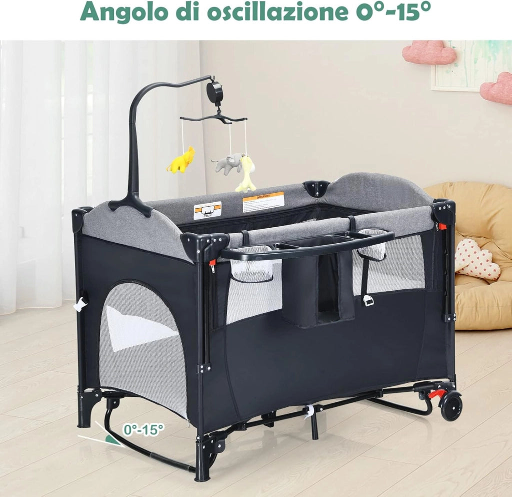 5 in 1 Lettino da Campeggio per Bambini, Lettino con Materasso per Neonato, Culla da Viaggio con Fasciatoio, Altezza Regolabile, Ruote con Freno, per Bambini 0-36 Mesi (Nero)