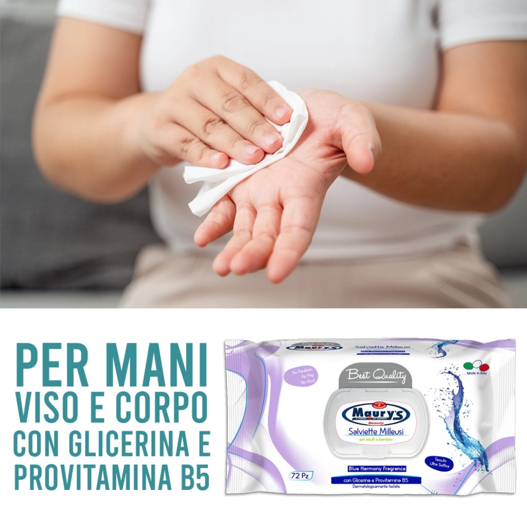 MAURY'S SALVIETTE DETERGENTI UMIDIFICATE MILLEUSI BLU HARMONY 72PZ PER ADULTI E BAMBINI