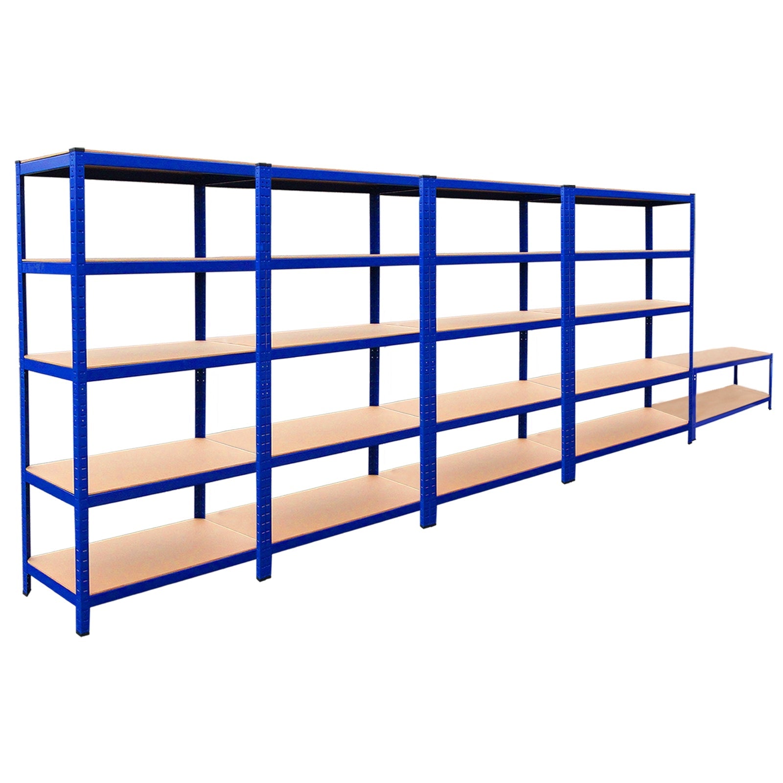 4 Scaffali T-Rax 90x45x180cm & Banco da Lavoro in Acciaio Senza Bulloni - Blu