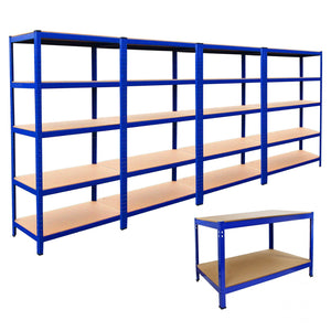 4 Scaffali T-Rax 90x45x180cm & Banco da Lavoro in Acciaio Senza Bulloni - Blu
