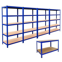 4 Scaffali T-Rax 90x45x180cm & Banco da Lavoro in Acciaio Senza Bulloni - Blu