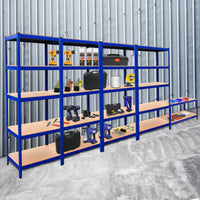 4 Scaffali T-Rax 90x45x180cm & Banco da Lavoro in Acciaio Senza Bulloni - Blu