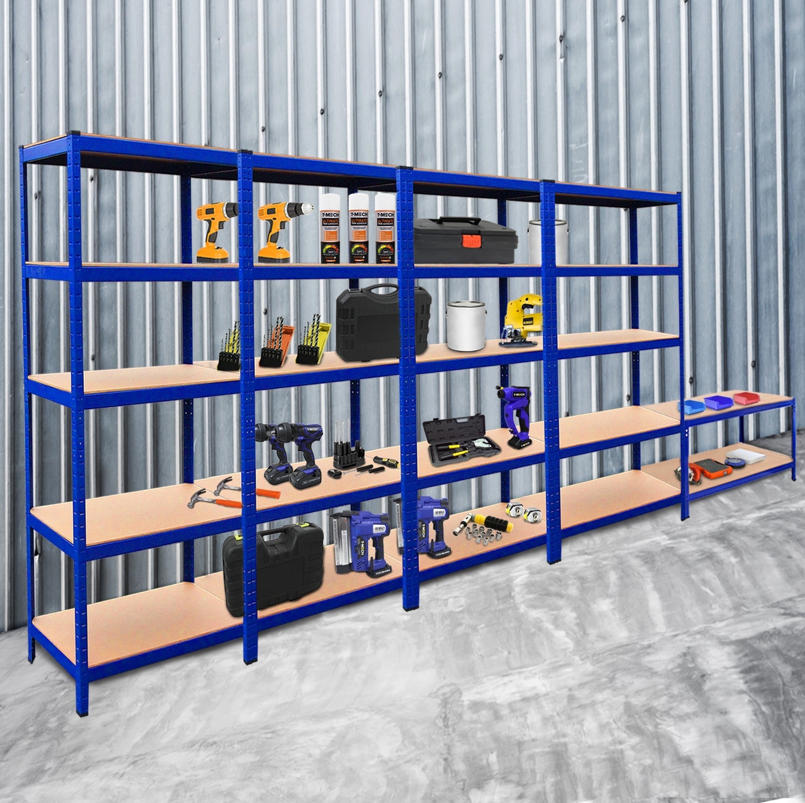 4 Scaffali T-Rax 90x45x180cm & Banco da Lavoro in Acciaio Senza Bulloni - Blu