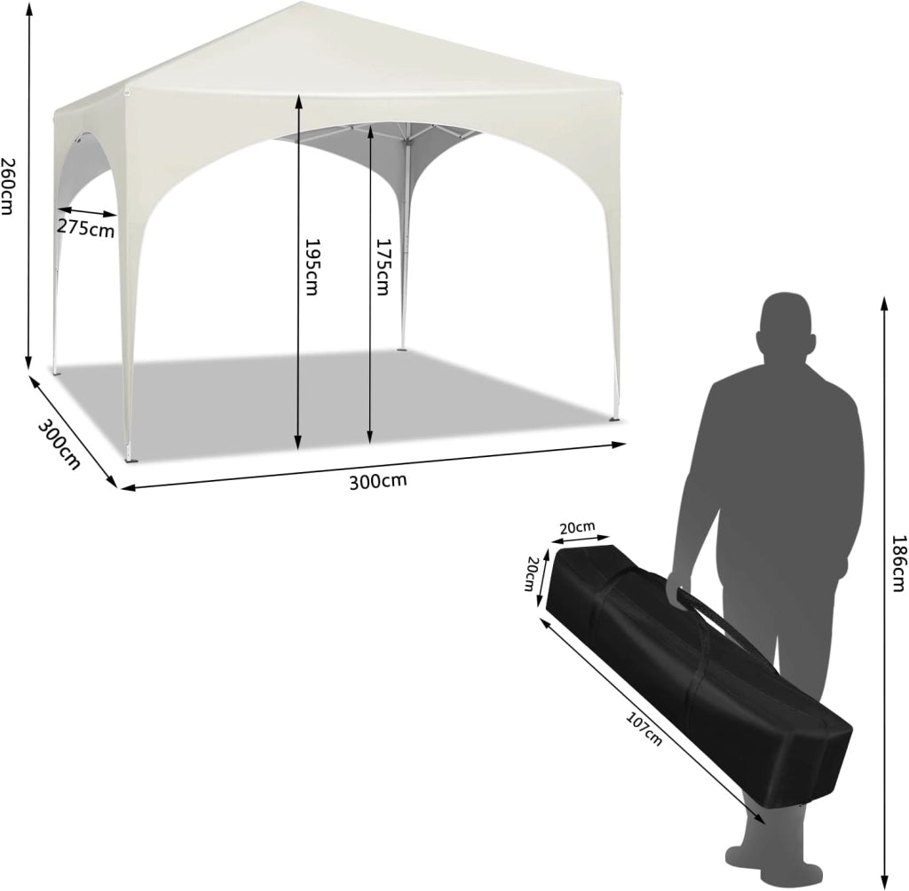 Gazebo da Giardino Richiudibile 3x3m Gazebo Esterno in Ferro Regolabile in Altezza Tendone con Soffitto Semicircolare Pieghevole Protezione Solare, Tende per eventi Facile da Montare Beige