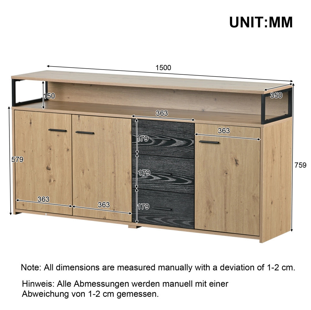 Credenza sideboard con 3 ante e 3 cassetti 150x35x75;9 cm in truciolare nero e marrone