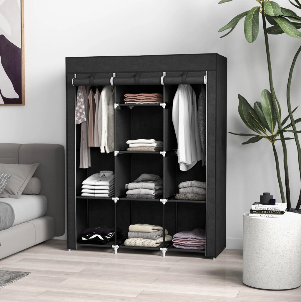 Armadio in tessuto 125x43x162.5 cm con 2 barre appendiabiti e 8 ripiani; nero