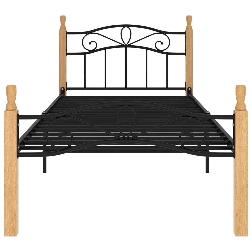 Giroletto-Struttura Letto Nero in Metallo e Legno Massello di Rovere 90x200 cm