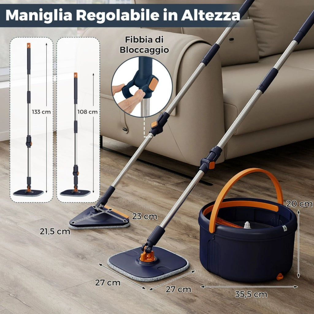 Sistema con mocio piatto e secchio con 2 testine e 3 panni in microfibra, Set mocio e secchio con strizzatore per pavimenti bagnati e asciutti Blu scuro