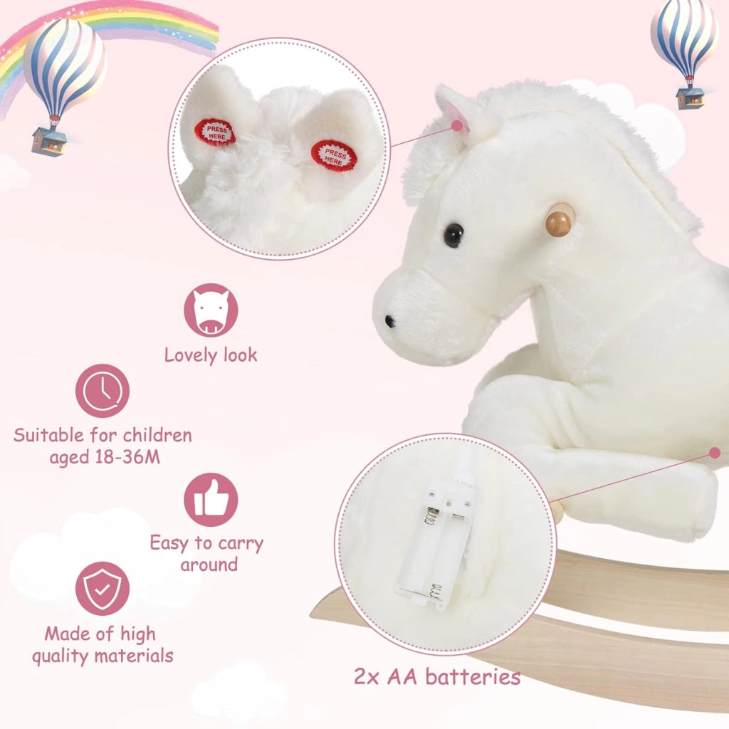 Cavallo a Dondolo in Legno Cavalluccio per Bambini Peluche Giocattolo Cavalcabile con Suoni e Cintura di Sicurezza Regalo Bimbi 1/2/3 Anni, Bianco e Rosa