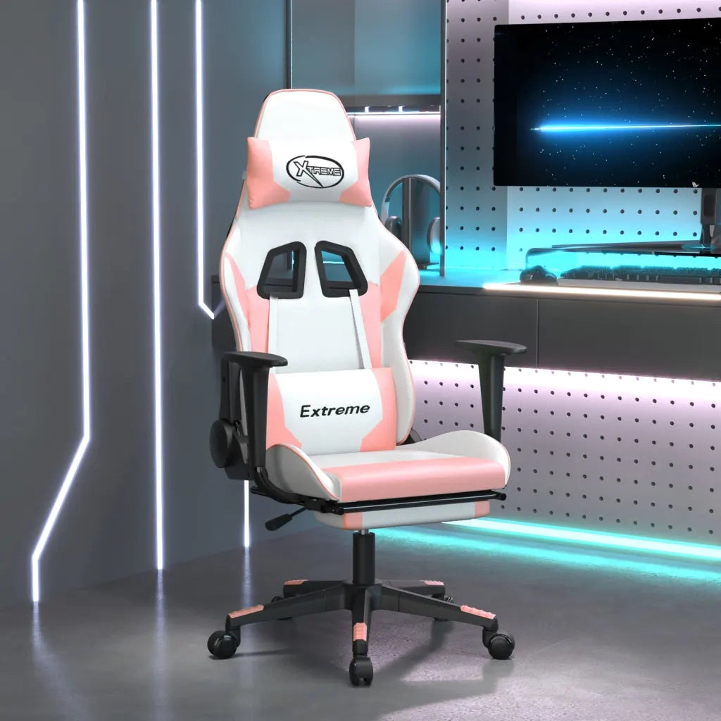 Sedia da Gaming | Sedia da e-sports con Poggiapiedi Bianco e Rosa in Similpelle