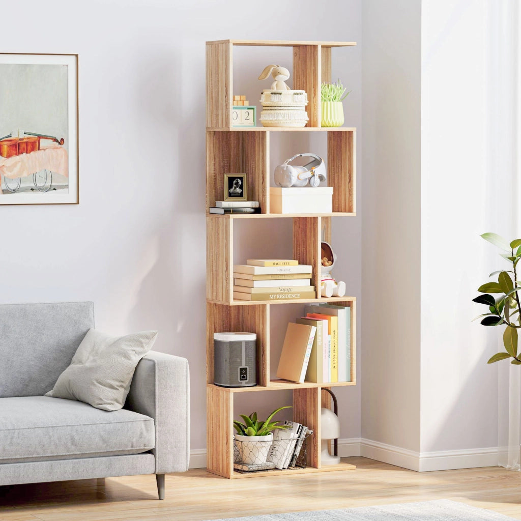 Mobile Libreria in Legno a 5 Ripiani con Divisorio, 60x24x184.5 cm, Color Legno