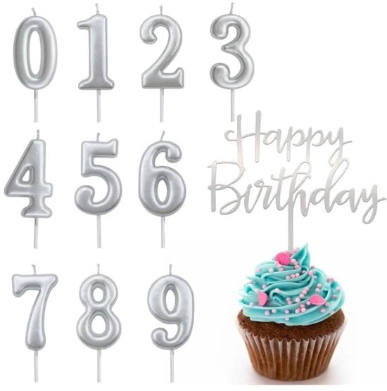 Decine di candele di compleanno in argento, cifre 0-9, candele per torta di compleanno, candele per compleanno, candele per torta con Happy Birthday per compleanno, compleanno, matrimonio