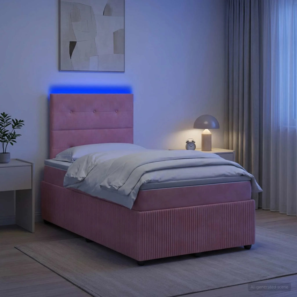 Letto Box Spring LED con Materasso Rosa 120 x 200 cm Velluto 3456052