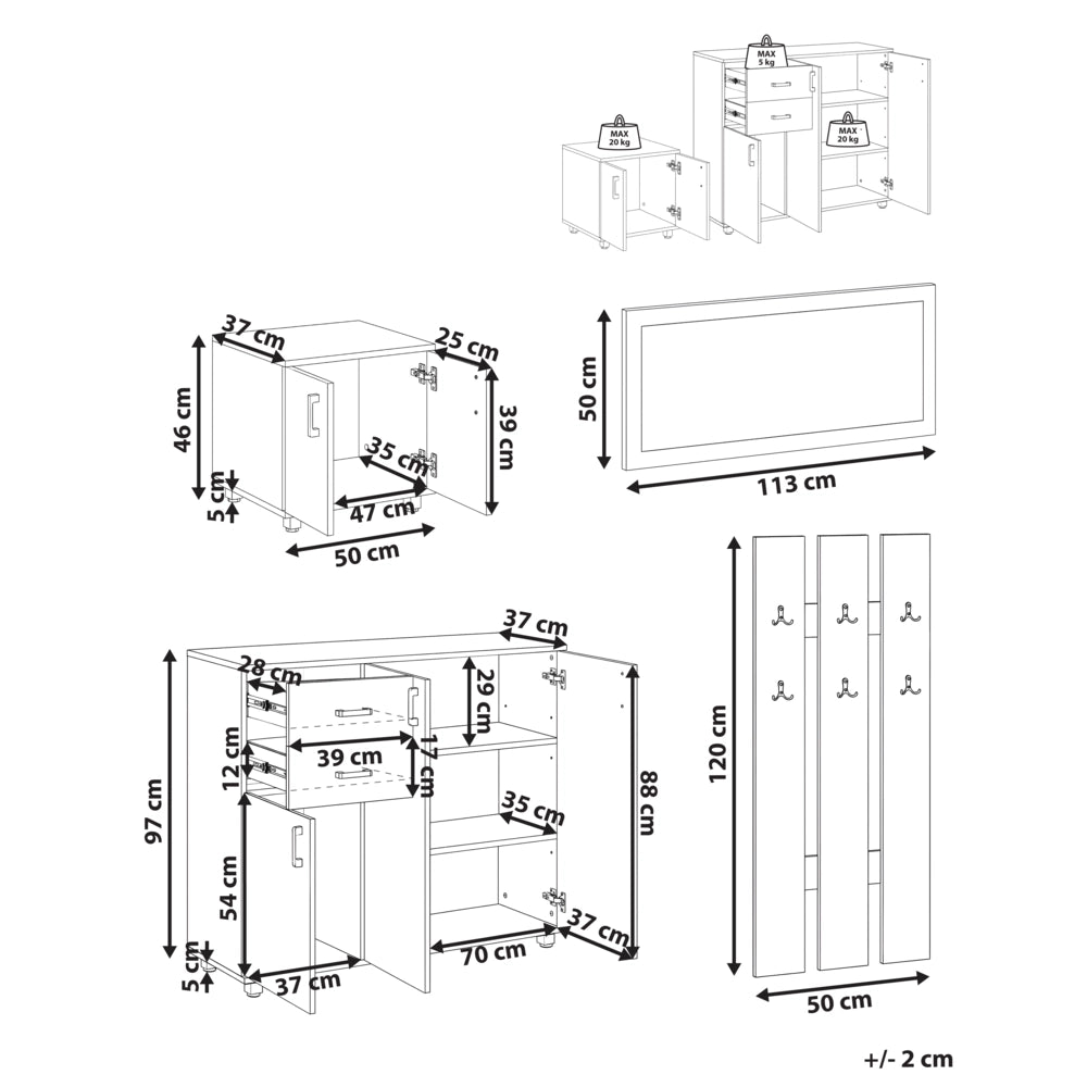 Set da ingresso in truciolato bianco con portaoggetti, scarpiera, ganci appendiabiti e specchio