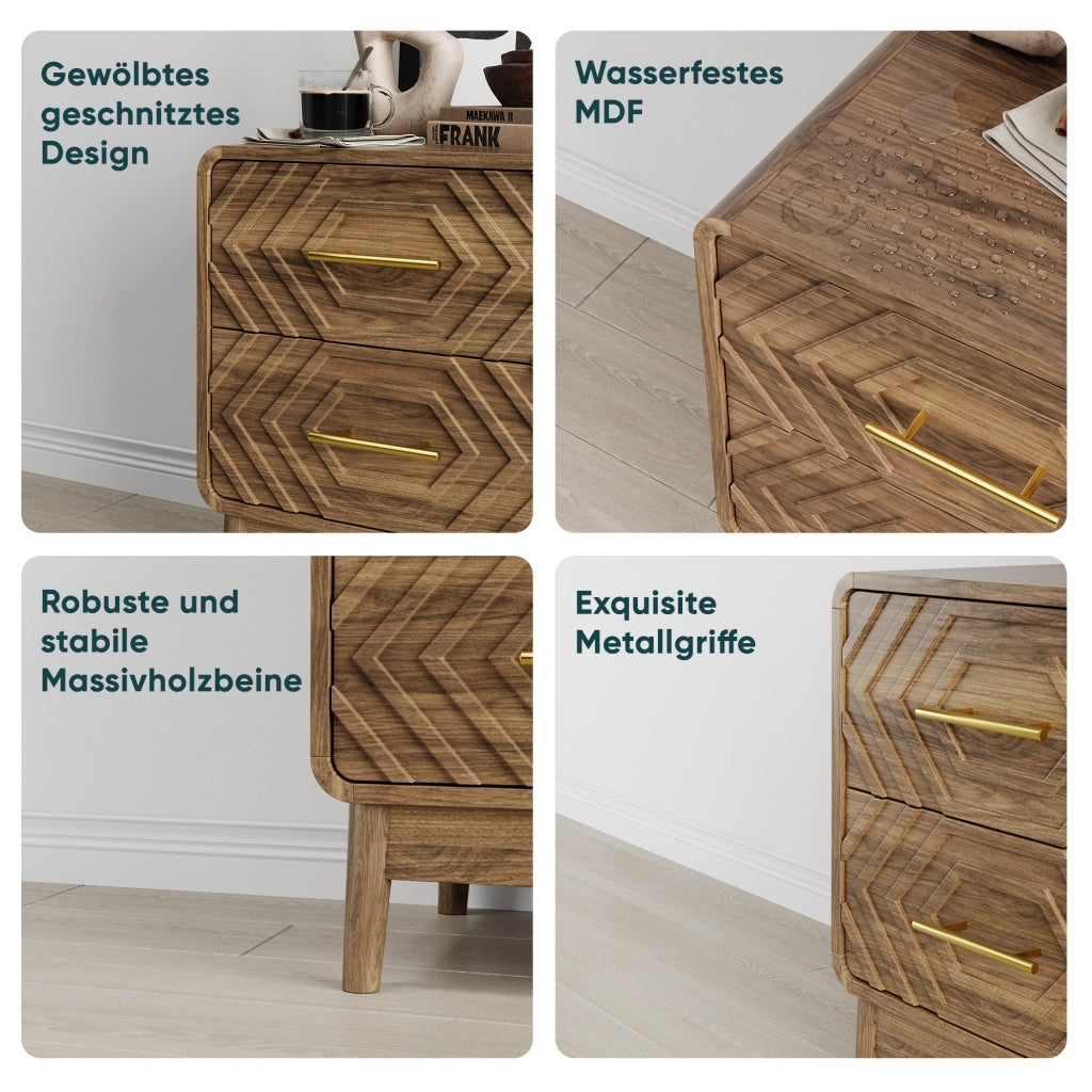 Comodino con 2 cassetti e frontali geometrici, stile moderno, per camera da letto, in MDF, marrone noce