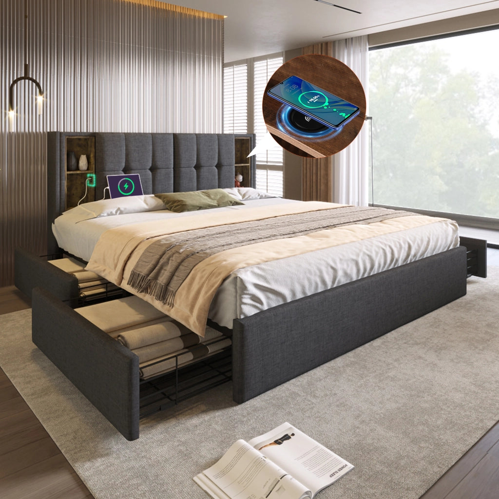 LETTO imbottito 160x200 cm Grigio in lino con ricarica wireless USB-C e materasso incluso