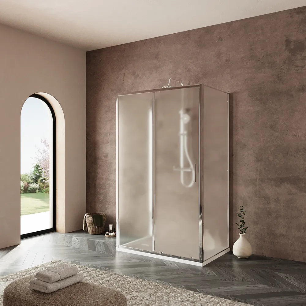 Box doccia tre lati 80x130x80cm con porta scorrevole profili cromati e vetro 6mm opaco h190 | Portofino
