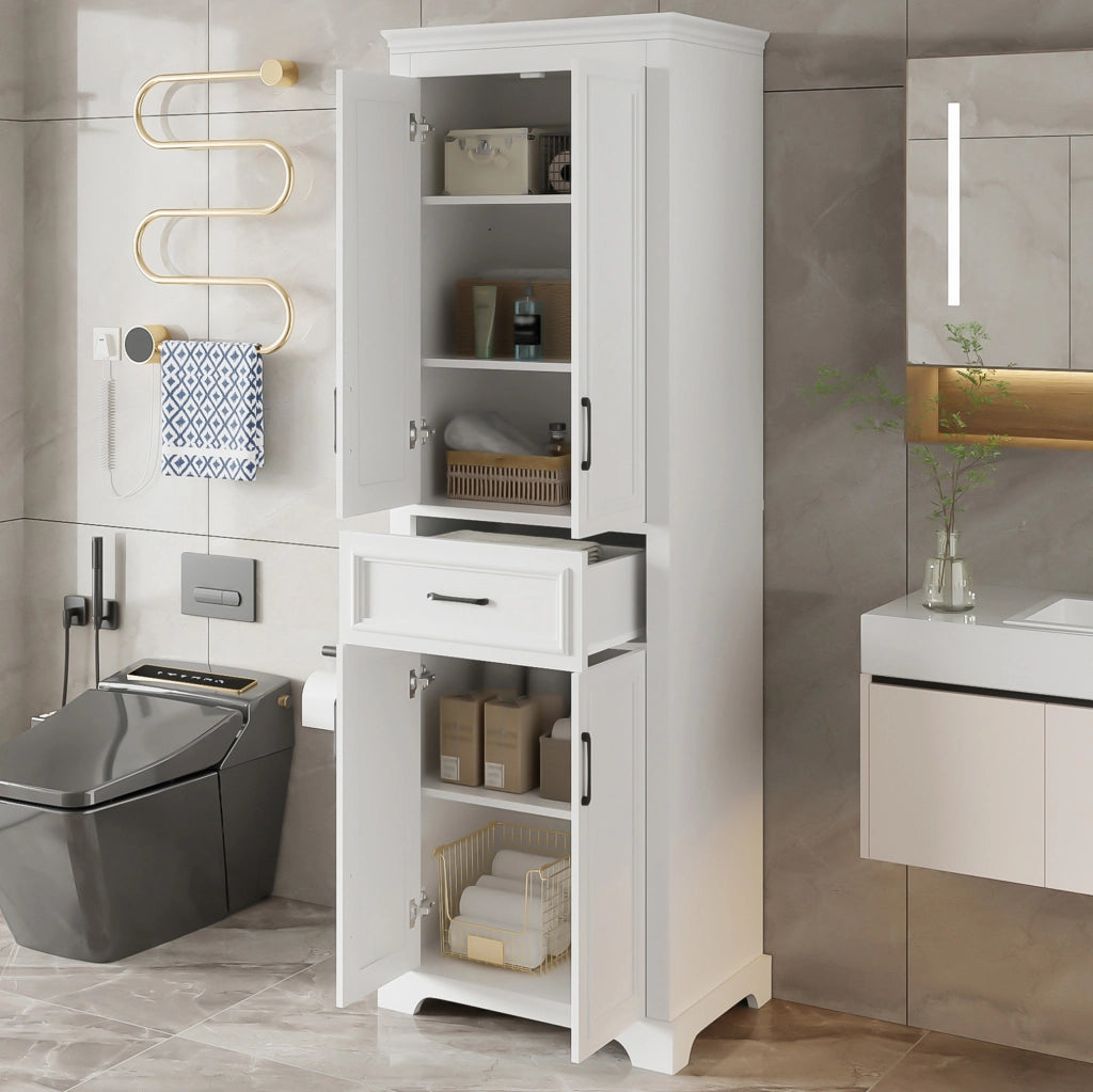 Colonna bagno in MDF bianca 60x40x180 cm con 2 ante, cassetto e ripiani regolabili