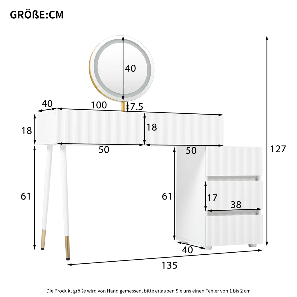 Tavolo da trucco bianco con specchio LED, 5 cassetti e mobile laterale, 100x40x127 cm