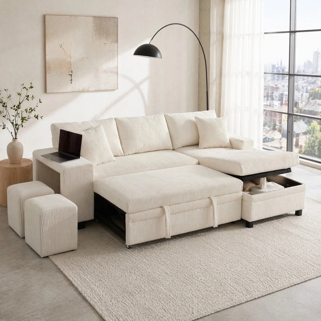 Divano Angolare Convertibile 3 Posti con Vano Contenitore, USB e Type-C, Cuscini, in Velluto a Coste Beige 231 × 131.5 × 84 cm