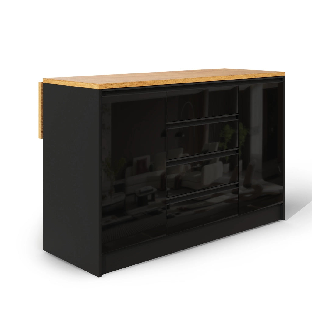 Isola Cucina con Piano Allungabile ¨C MINIMAL ¨C 4 Cassetti, 2 Ante, Nero, Effetto Legno, 140 cm