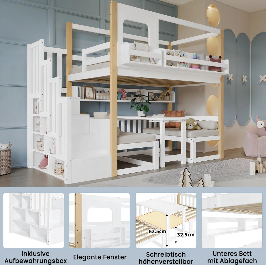 Letto a castello per bambini con tavolo pieghevole regolabile e scala contenitore; 90x200 cm; bianco/naturale
