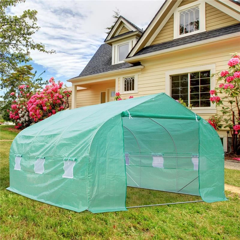 SERRA DA GIARDINO CON TETTO SPIOVENTE IN PE E TUBI D'ACCIAIO VERDE SCURO 4.5X3X2M
