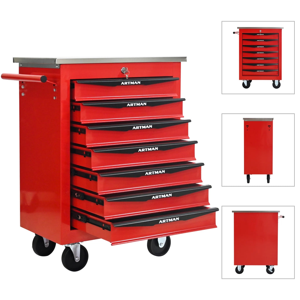 Mobile contenitore portautensili con 7 cassetti e ruote, chiusura a chiave, in acciaio, rosso nero, 62,5 × 34,5 × 78 cm